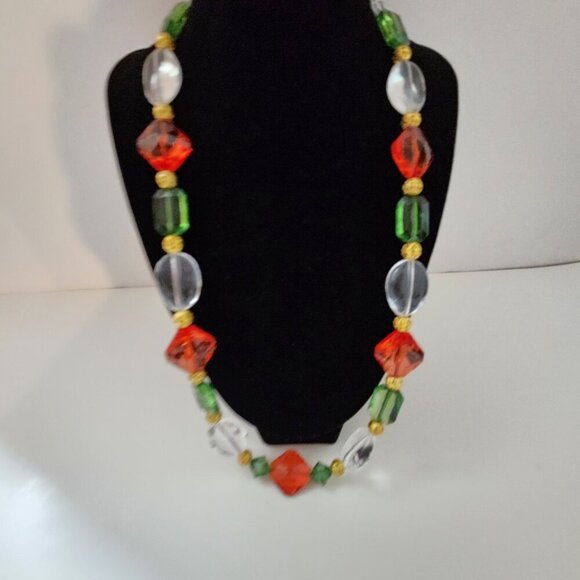 Hand Crafted Necklace Christmas Colors Beaded Red Green Clear Crystals and Gold - Picture 5 of 9